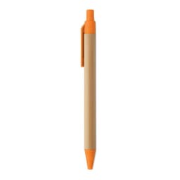 A pen with a bamboo barrel and orange accents, featuring a clip on the side.