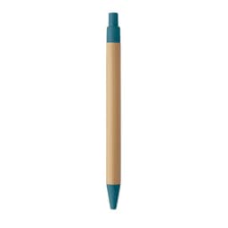 A bamboo pen with a teal cap and nib, featuring a simple and eco-friendly design.
