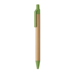 A pen with a bamboo body and green accents. It features a green clip and tip.