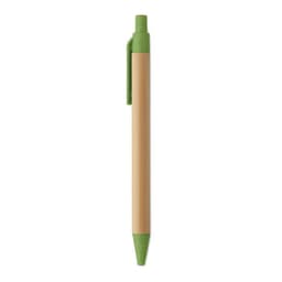 A pen with a bamboo body and a green cap and tip, featuring a clip for attachment.