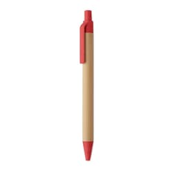 A pen featuring a natural wood finish with red accents on the tip and clip.