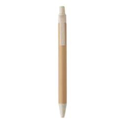A pen with a bamboo body and a white tip, featuring a clip on the side.