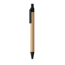 A ballpoint pen with a natural wood-like body and black accents on the tip and clip. It features a simple design.
