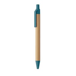 A ballpoint pen with a wooden barrel and teal accents. It features a clip for easy attachment.