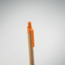 A pen with a wooden barrel and an orange cap and clip features a simple, modern design.