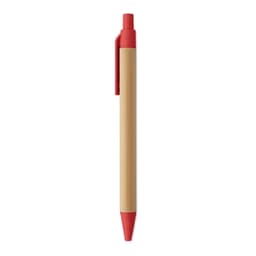 A pen featuring a bamboo body and red cap and tip. It has a clip attached for easy carrying.