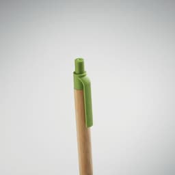 A pen with a wooden body and a green cap, featuring a green clip.