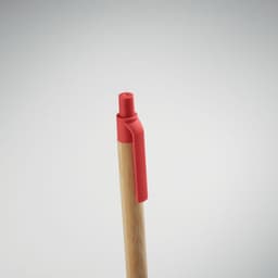A pen with a wooden barrel and a bright red top and clip, featuring a logo on the barrel.