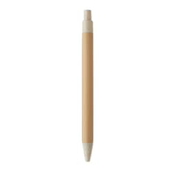 A pen with a bamboo body and a white tip, featuring a simple and eco-friendly design.