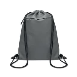 A grey drawstring bag with black straps and a subtle logo at the top.
