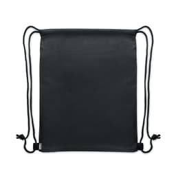 A black drawstring bag featuring a simple design and adjustable cords. It includes a logo on its front.