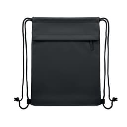 A black drawstring bag with a front pocket and adjustable straps, featuring a logo.