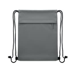A grey drawstring bag with a front pocket and adjustable cords, featuring a logo on the front.