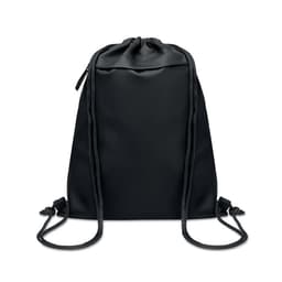 A drawstring bag in black with a smooth finish, featuring a cinch closure and two durable cords.