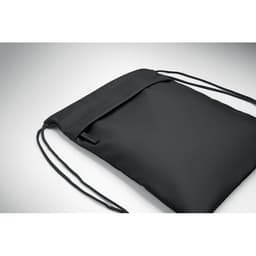 A black drawstring bag with a flap closure and shoulder straps, featuring a simple design.