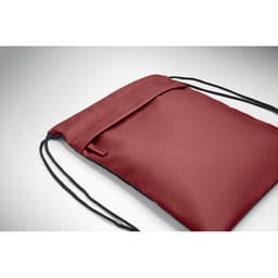 A maroon drawstring bag with a simple design and black cords for closure, featuring a logo.