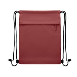 A drawstring bag in a dusty rose colour with black cord straps and a front zip pocket. It features a brand logo.