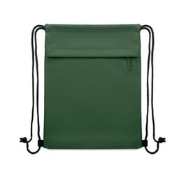 A green drawstring bag featuring a front pocket and black cords. It includes a logo on the design.