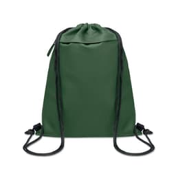 A green drawstring backpack featuring black cords and an additional zip pocket at the top, with a branding logo.