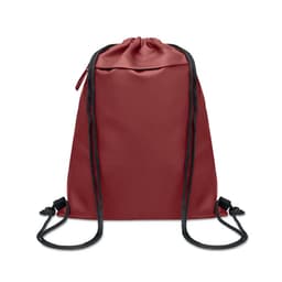 A drawstring bag in a deep red colour with black cord straps and a zipped pocket at the top. It features a logo.