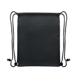 A black drawstring bag with two cords for closure and a minimalist design. Features a logo on one side.