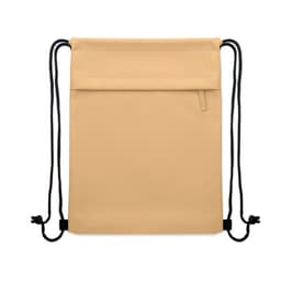 A beige drawstring bag with a front pocket and black cords. It features a simple and sleek design.