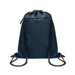 A navy drawstring bag featuring a sleek design and black cord straps, with a logo displayed on the front.