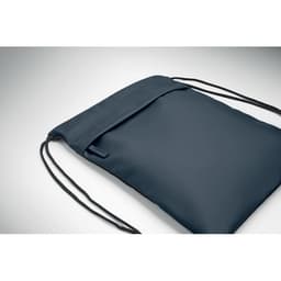 A dark blue drawstring bag with a flat design and a minimalistic style, featuring a branding logo.