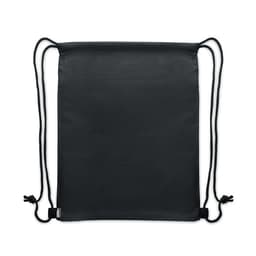 A drawstring bag in black with adjustable cords at the top for closure and carrying. It features a logo.