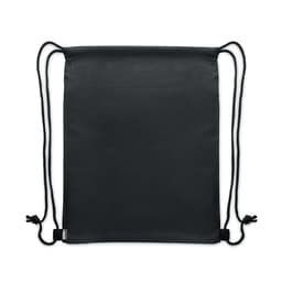 A drawstring bag in solid black with reinforced corners and adjustable strings. It features a logo branding.