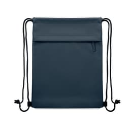 A drawstring bag in navy blue with a front pocket and black straps, featuring a logo.