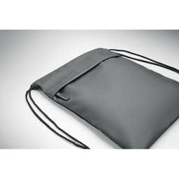 A grey drawstring bag with a sleek, minimalist design featuring a logo.