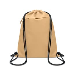 A drawstring bag in beige with black cords. It features a simple design and a logo.