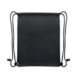 A black drawstring bag with sturdy cords and a plain design, featuring a logo at the bottom.