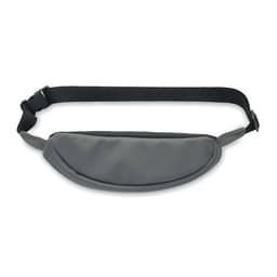 A grey waist bag with a curved design and adjustable black strap, featuring a brand logo.