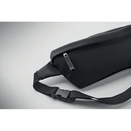 A black waist bag featuring a zip closure and an adjustable strap, with a logo on the side.
