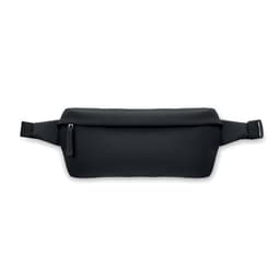 A black waist pouch with a sleek design and adjustable strap, featuring a logo.