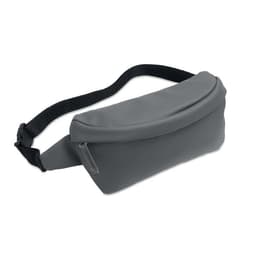 A grey waist bag with a zip closure and an adjustable strap. It features a sleek, modern design.