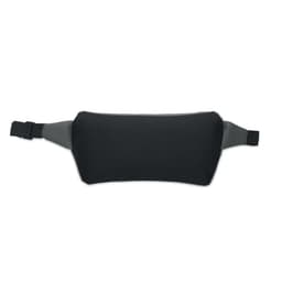 A black waist pack with adjustable straps and a sleek design. It features a logo on one side.