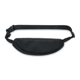 A black waist bag with a curved design and adjustable strap, featuring a logo on the front.