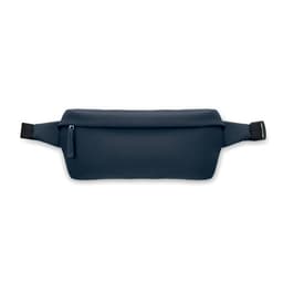A waist bag in navy blue with a zippered pocket and adjustable straps. The bag has a sleek design and features branding.