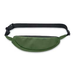 A green waist bag with a black strap, featuring a rounded shape and a logo.