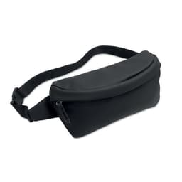 A black waist bag with a sleek design, featuring a zip closure and an adjustable strap. It has a logo.