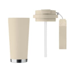 A drink bottle in beige featuring a removable lid with a straw and a strap, and a silver base.