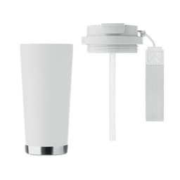 A drink bottle in white with a silver base, featuring a screw-on lid and a straw attachment.