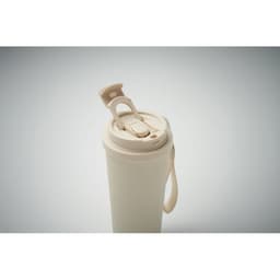 A drink bottle in a creamy off-white colour with a flip-top lid and a carry handle. It features a branding logo.