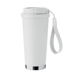 A drink bottle in white with a silver base and a carry strap. It features a lid and has a logo.