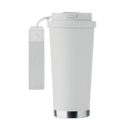A drink bottle in white with a silver base and a grey strap for easy carrying. It features a logo on the side.