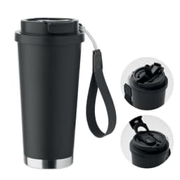 A drink bottle in matte black with a silver base, featuring a secure lid and a wrist strap for easy carrying.