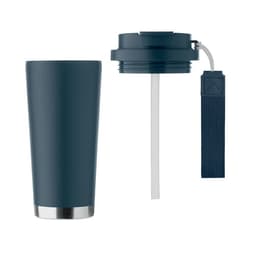 A drink bottle in deep navy blue with a stainless steel base, featuring a removable lid and straw.